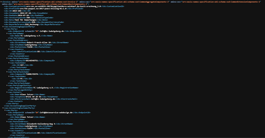 Beispielhafter Aufbau einer E-Rechnung im XML-Format